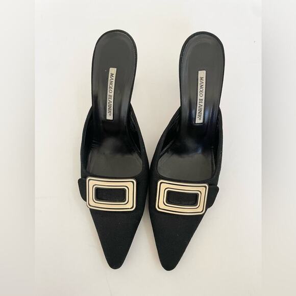 Manolo Blahnik Vintage Black Canvas White buckle pointed toe mules EU 41.5 - Picture 2 of 9